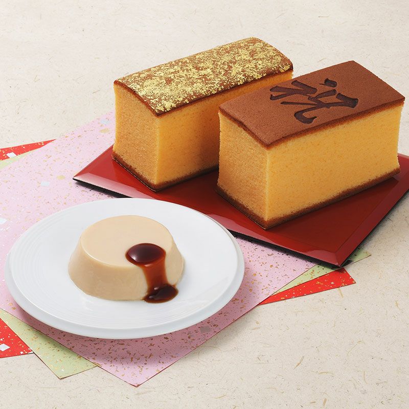 烏骨鶏かすていら【祝】・【金箔】プリン5個詰合せ